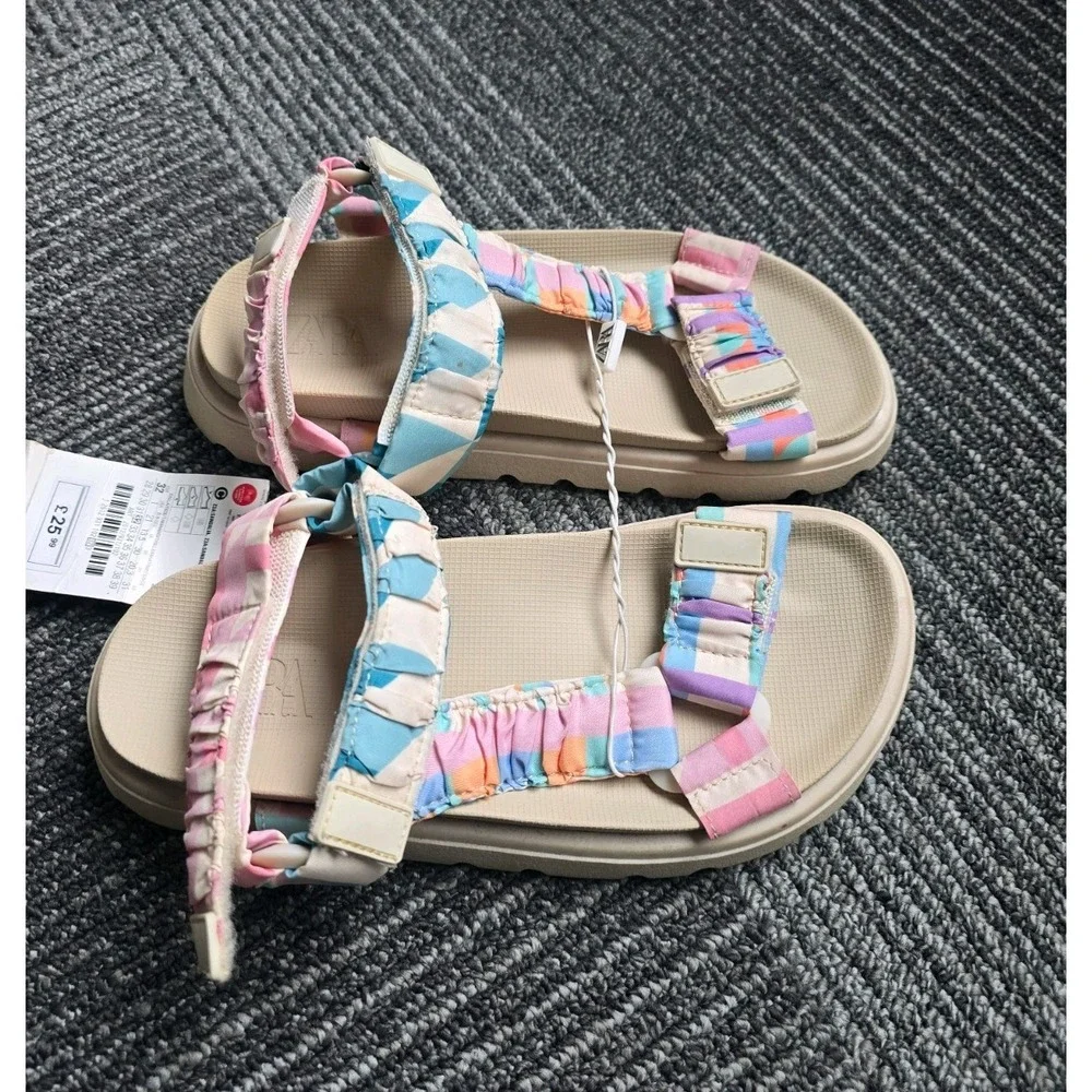 NWT Zara Kids Girls Gathered Fabric Technical Sandals Pastel Stripe Sport 32/1